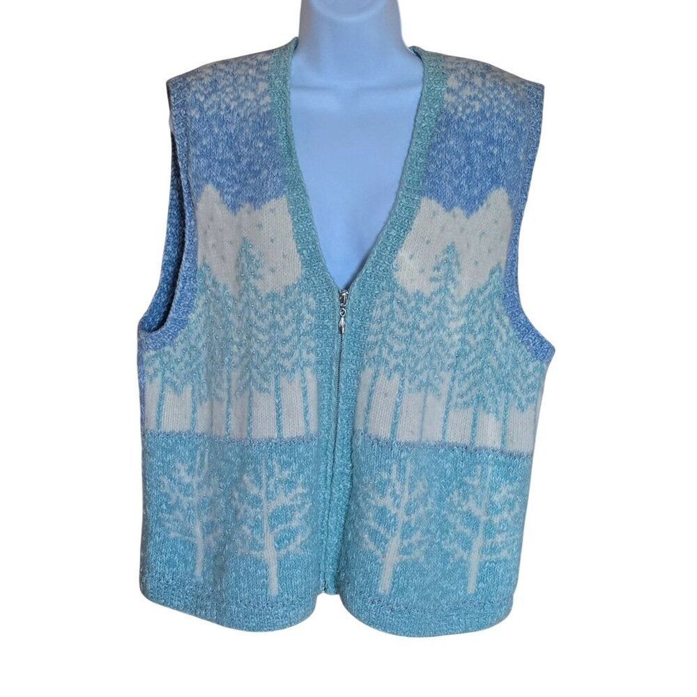 Vintage Marisa Christina Blue & White Knitted Sweater Vest Tree Pattern winter